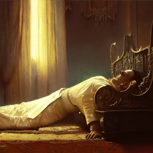 Image similar to the pope laying down in his bed, terrified, because a double horned shadow demon is in the bedroom, approaching his bed. highly detailed painting by gaston bussiere, greg rutkowski, craig mullins 8 k