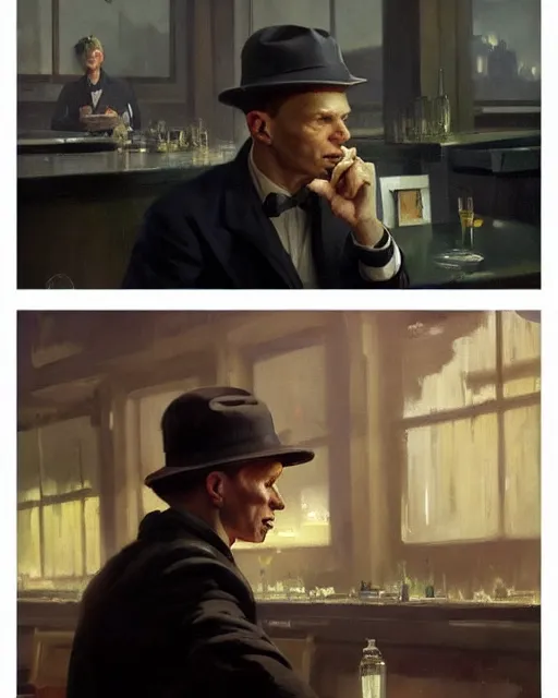 Image similar to young frank sinatra as a poor dystopian dieselpunk soviet bartender. art by greg rutkowski, gustave courbet, rosa bonheur, edward hopper. faithfully depicted facial expression, perfect anatomy, sharp focus, global illumination, radiant light, detailed and intricate environment, trending on artstation