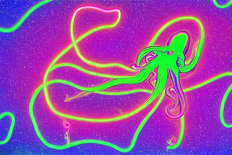 Prompt: digital art of a neon purple octopus floating in space by alex grey, neon outline, sharp lines, blurry background (arcylic), ((synthwave)),