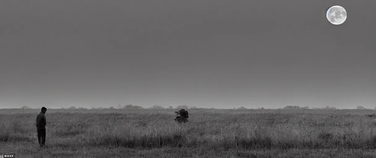 Prompt: revealed, underlined in a sudden gust of wind the profile of a man raises under the moon uncovered and tiny, overlooking the fen water meadowlands and small shot for the ducks he walks in the mud, moves aside the reeds no clapping of wings, no motions around just the singing wind in an ominous silence