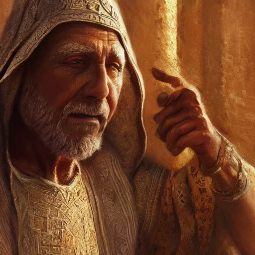 Image similar to close up of an old man wearing ancient canaanite clothing, deep focus, d & d, fantasy, intricate, elegant, highly detailed, digital painting, artstation, concept art, matte, sharp focus, illustration, hearthstone, art by artgerm and greg rutkowski and alphonse mucha