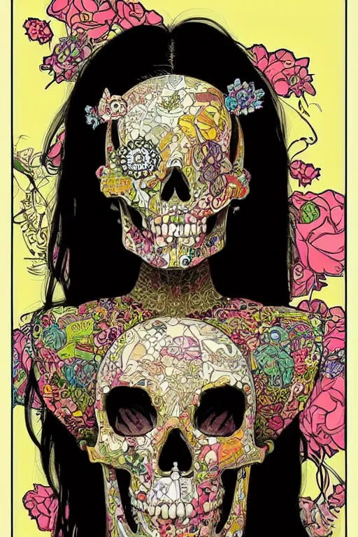 Image similar to skull portrait girl female skeleton illustration detailed patterns art of thai traditional dress, pop art, splash painting, art by geof darrow, ashley wood, alphonse mucha, makoto shinkai