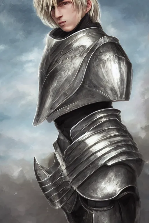 Image similar to a blonde male teenager wearing a silver plate armor, digital painting, digital art, oil painting, masterpiece, realistic and detailed face, profile picture, realistic, highly detailed, high quality, symmetrical, low contrast, trending on deviantart, soft colors, soft lighting, face portrait, beautiful, elegant, castle in the background, bokeh, artgem style