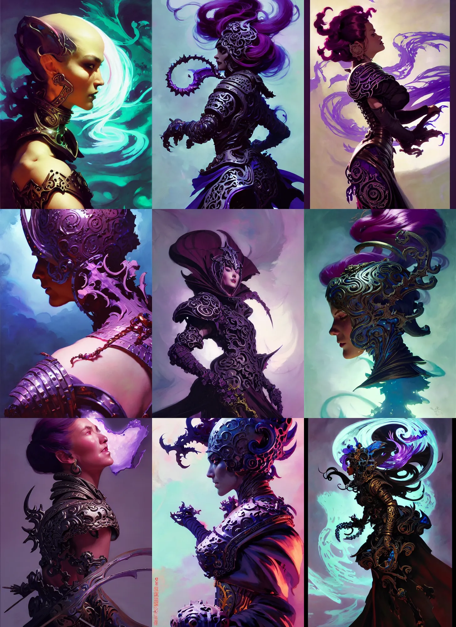 Prompt: side profile, necromancer, bone armour, magical dark swirly ripples, inky gaudy colors, by greg manchess, huang guangjian, gil elvgren, sachin teng, greg rutkowski, jesper ejsing, ilya kuvshinov