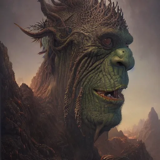 Image similar to a hyperrealistic illustration of a mix of an oger and giant and goblin, 8 k ultra realistic creature, detailed intricate, with fractal sunlight, award - winning, masterpiece, in the style of tom bagshaw, cedric peyravernay, peter mohrbacher