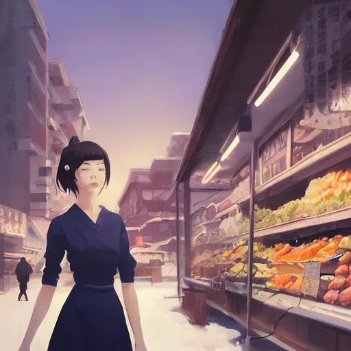 Image similar to a photography of a woman Grocer with frock,looks like Ziyi Zhang ponytail, grocery store around，winter,anime style character, clean soft lighting, backlit beautiful face, Oil painting, by Ilya Kuvshinov, Greg Rutkowski and Makoto Shinkai