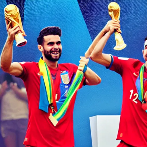 Prompt: Two Unicorns celebrating lifting the FIFA World Cup trophy