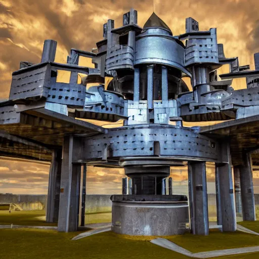 Prompt: photo of a futuristic metal castle with guns