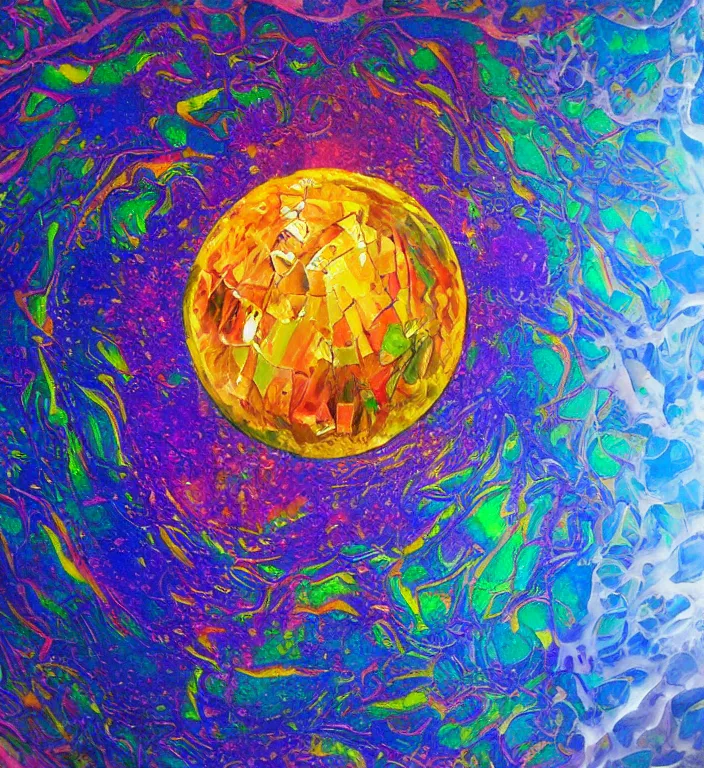 Image similar to an acrylic pour illustration of an intricate and faceted crystal ball with a world inside of it + impasto + dissolving in to light + prism + god rays + dramatic lightning + backlit + specular + caustics