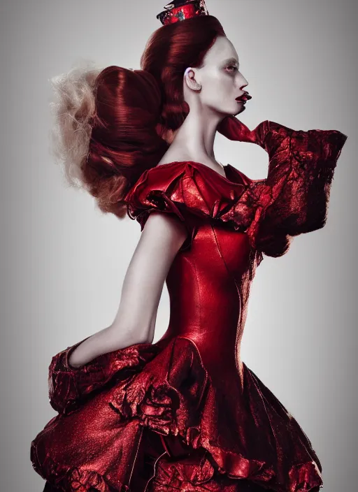 Prompt: a photorealistic dramatic hyperrealistic editorial fashion render of the glamorous red queen from alice in wonderland by alexander mcqueen and lindsay adler, beautiful dynamic dramatic dark moody lighting, shadows, cinematic atmosphere, 8 k