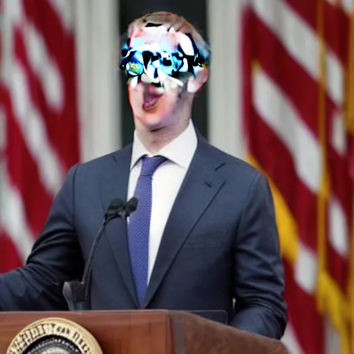 Image similar to mark zuckerberg as the president of the united states wearing a suit standing at the presidential podium