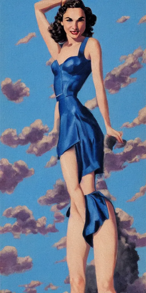 Image similar to full body portrait of gal gadot in the style of bill medcalf, blue sky with a few clouds, retro, 1 9 5 0, 4 k, detailed, headroom, rule of thirds