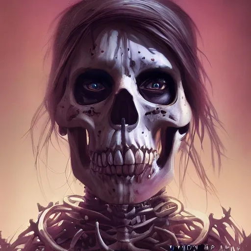 Image similar to portrait of an undead skeleton necromancer, D&D, fantasy, highly detailed, digital painting, artstation, smooth, sharp focus, illustration, art by artgerm and greg rutkowski and alphonse mucha