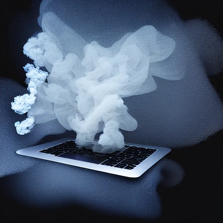 Image similar to a photo portrait of a macbook disintegrating in smoke particles, cinematic photography, smoke rising like clouds, photorealism, canon 5 d, 5 0 mm lens, super resolution, cgi, volumetric lighting & shadows, hyper detailed, 8 k, unreal engine,