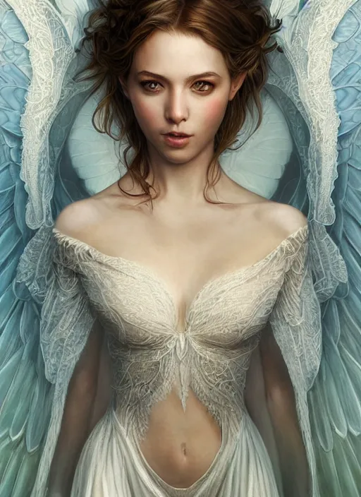 Image similar to full body portrait of a beautiful fairy women with wings of lace, by artgerm, sunny day, highly detailed, perfect lighting, perfect composition, symmetry, detailed features, 4 k, by alan lee, by derek zabrocki, by greg rutkowski