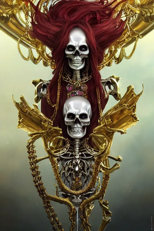 Prompt: androgyne lich skeleton made of iridescent metals and shiny gems covered with blood, long red hair, golden necklace, ultra realistic, concept art, intricate details, highly detailed, photorealistic, octane render, 8 k, unreal engine. dnd art by artgerm and greg rutkowski and alphonse mucha