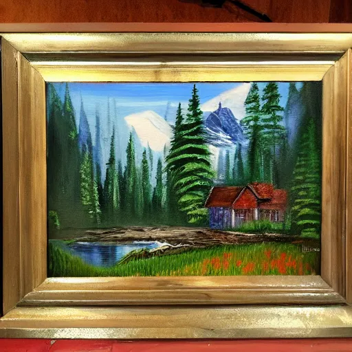 Image similar to a bob ross painting of the inside of a house