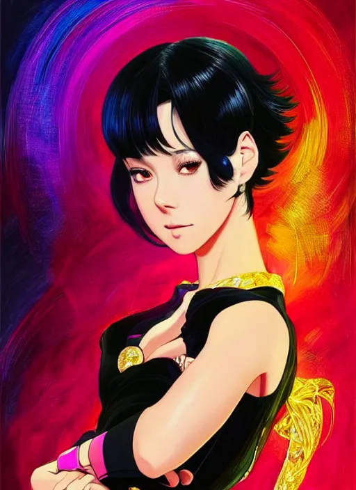 Image similar to a beautiful dancer with black hair in 1970's fashion, ballroom background, intricate, highly detailed, digital painting, artstation, official media, anime key visual, concept art, rich vivid colors, ambient lighting, sharp focus, illustration, art by Artgerm, Makoto Shinkai, Ilya Kuvshinov, Lois Van Baarle, and Rossdraws