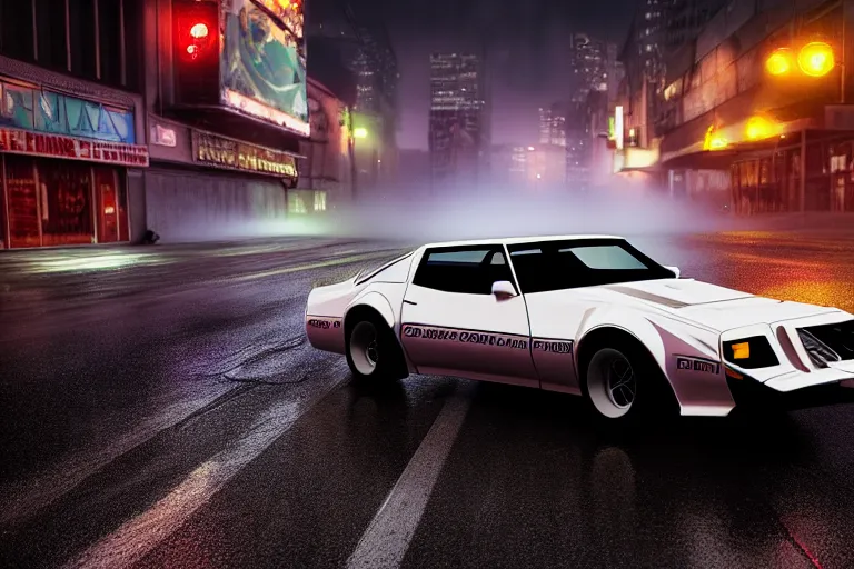 Image similar to hyperdetailed, photorealistic photograph of a 1 9 8 2 pontiac firebird trans - am drifting in the streets, rain, night, dense fog, hd, unreal engine 5 by greg rutowski, by stanley artgerm, by alphonse mucha