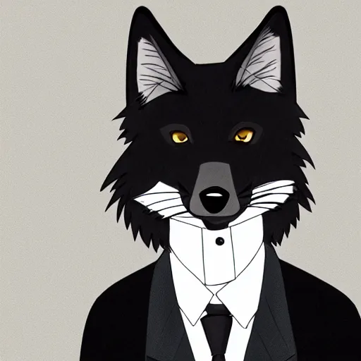 Image similar to close up of an anthro male black fox furry wearing an elegant suit, Studio Ghibli style, modern anime art