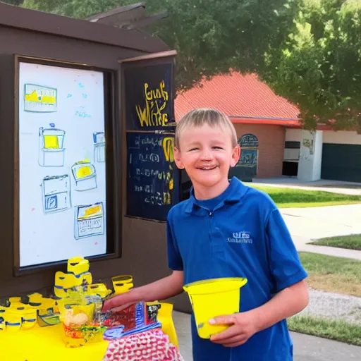 Prompt: Photo of Walter White selling lemonade at a lemonade stand at a school bus stop, taken with a Canon EOS 5D