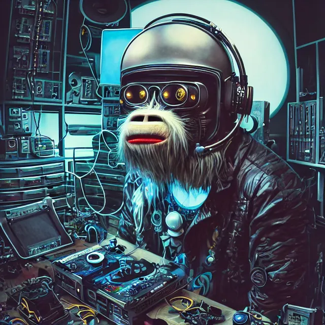 Image similar to a portrait of an anthropomorphic cyberpunk yeti in a motorcycle helmet working in his secret electronics lab, detailed render, tape deck, boombox, headphones, epic composition, cybernetics, 4 k realistic, cryengine, realistic shaded lighting, sharp focus, masterpiece, by matteo scalera, gary montalbano, peter elson in the style of the tokyo ghost comic