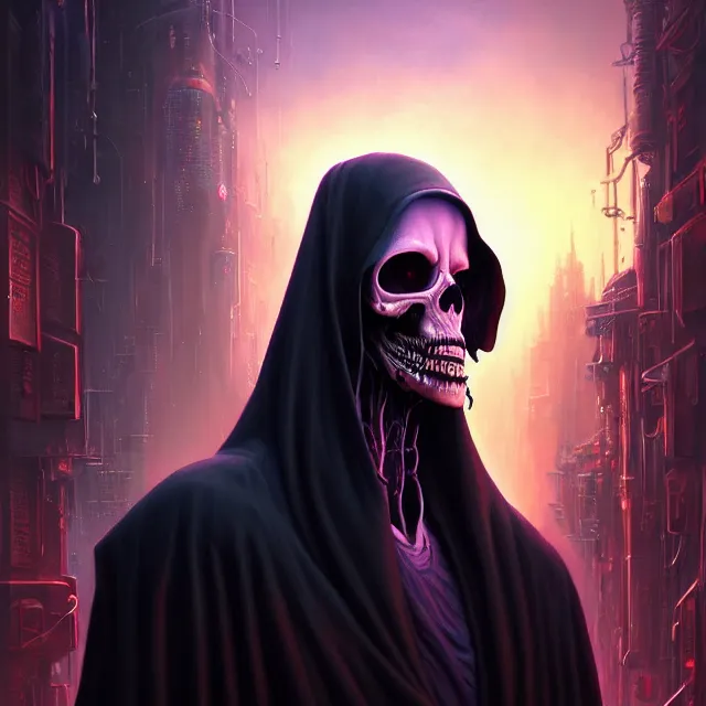 Prompt: Beautiful closeup portrait 3d render of the grim reaper with 8 arms, face portrait, atmospheric lighting, painted, intricate, volumetric lighting, beautiful, rich deep colors masterpiece, sharp focus, ultra detailed, in the style of Dan Mumford and marc simonetti, with a crowded futuristic cyberpunk city in the background, astrophotography
