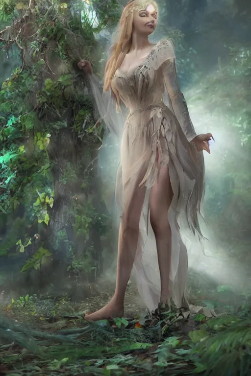 Prompt: a beautiful elf princess walking in an enchanted forest, realistic face, light rays sieving through the trees, an owl sitting on the tree branch, evening, warm light, hyperrealistic, 4K, trending on artstation