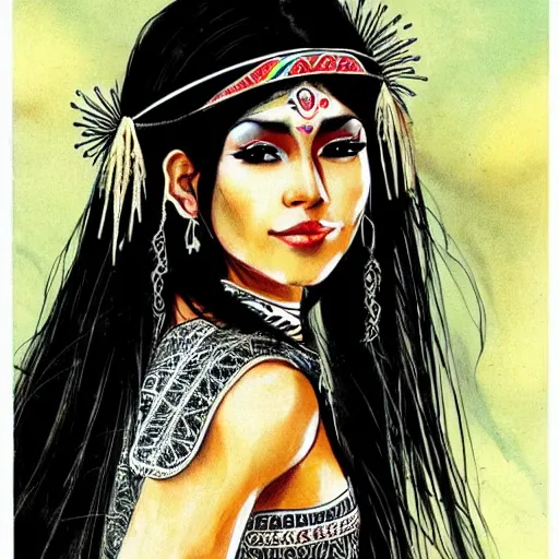 Image similar to beautiful illustration of a mexican woman of 4 0 years old, with curly black and silver hair, the woman has beautiful black eyes, her skin is light brown, she is dressed in shaman clothes, in the style of noriyoshi ohrai