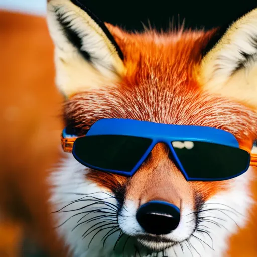 Prompt: close up of fox animal wearing a dark blue utility cap, sports sunglasses, and a bulletproof vest, 8 5 mm f / 1. 4