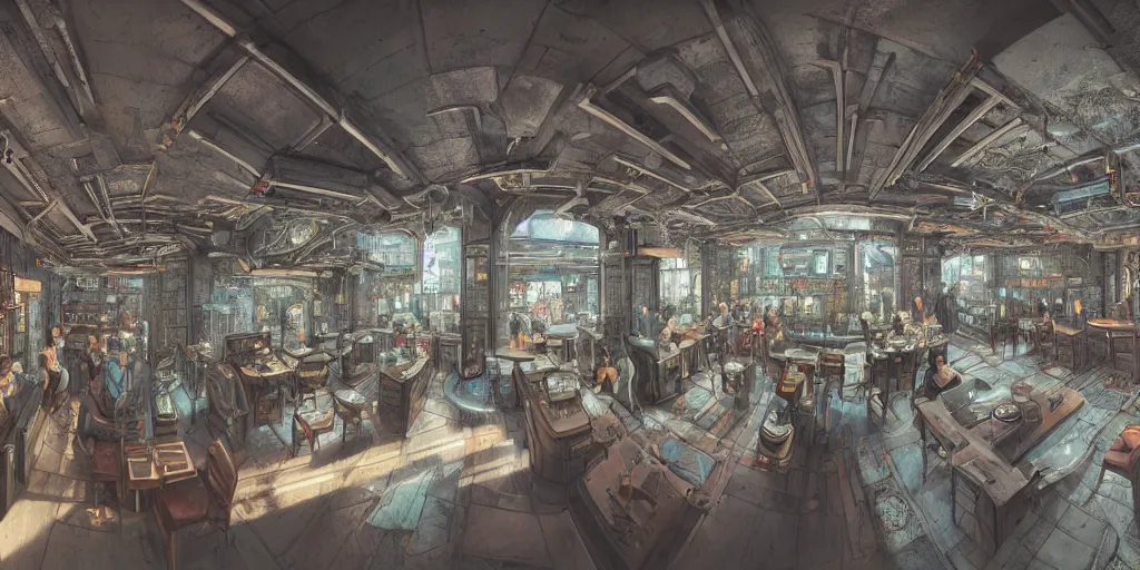 Image similar to Highly detailed realistic photo of interior design in style of minimalism by Hiromasa Ogura and Josan Gonzalez of detailed cyberpunk tavern with stone walls and neon lights, a lot of electronics and people, many details. Natural white sunlight from the transperient roof. Panorama on 360 degrees Rendered in 32K in VRAY and DaVinci Resolve and MAXWELL and LUMION 3D, Volumetric natural light