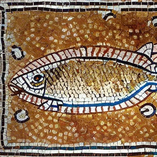 Prompt: roman mosaic of fish from pompeiian villa