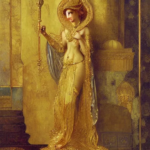Prompt: a queen in a gold dress, ancient, arabic art, oil painting, otomo, amano, bouguereau, gustave moreau