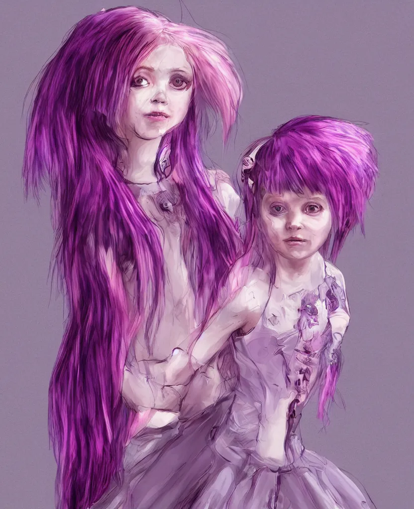 Image similar to little girl with eccentric pink hair wearing a dress made of purple fur, anatomically perfect, concept art, smooth