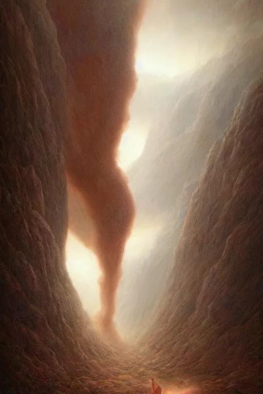 Image similar to a tall mythical humanoid monster looming over a tiny human in an epic landscape, ethereal fantasy, blooodborne, artstation, agostino arrivabene, james gurney