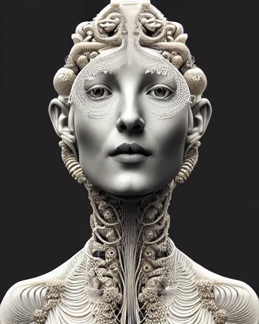 Image similar to bw 3 d render of a beautiful female queen - cyborg - vegetal, intricate fractal ornament in the bust with a very long neck, elegant, highly detailed intricate rococo ornament in her blond long hair, realistic, refined, highly detailed, cinematic outdoor lighting, by flora borsi in the style of dora maar, volumetric lighting, hyper realistic photography