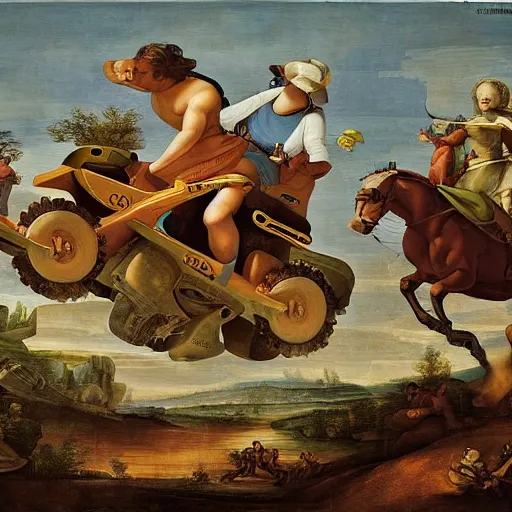 Image similar to all terrain vehicle race, renaissance composition