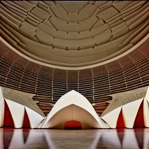 Image similar to interior of a futuristic lotus temple with gold, red and white marble panels, in the desert, by buckminster fuller and syd mead, intricate contemporary architecture, photo journalism, photography, cinematic, national geographic photoshoot