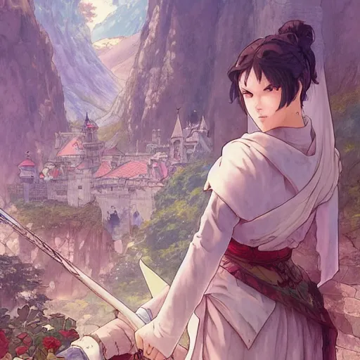 Image similar to the knight and the sword of rose petal, anime, castle core, mountains, rocky roads. by hayao miyazaki and rossdraws and artgerm and greg rutkowski and alphonse mucha and studio ghibli and ilya kuvshinov. high quality, stunning, intricate detailed environment. 8 k