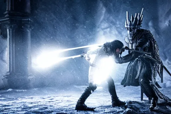 Image similar to very very intricate photorealistic photo of jon snow fighting the night king, photo is in focus with detailed atmospheric lighting, award - winning details