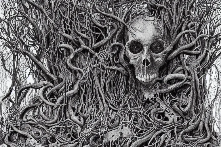 Prompt: an eerie insanely detailed forest of the soul, ambiguous, symbolic, eyes of strange creatures hiding in the dark, skulls and bones of animals, snakes and vines and cobwebs and old trees, a glimpse of hope, ink and ballpoint, inspired by claire scully and evan cagle and simon prades