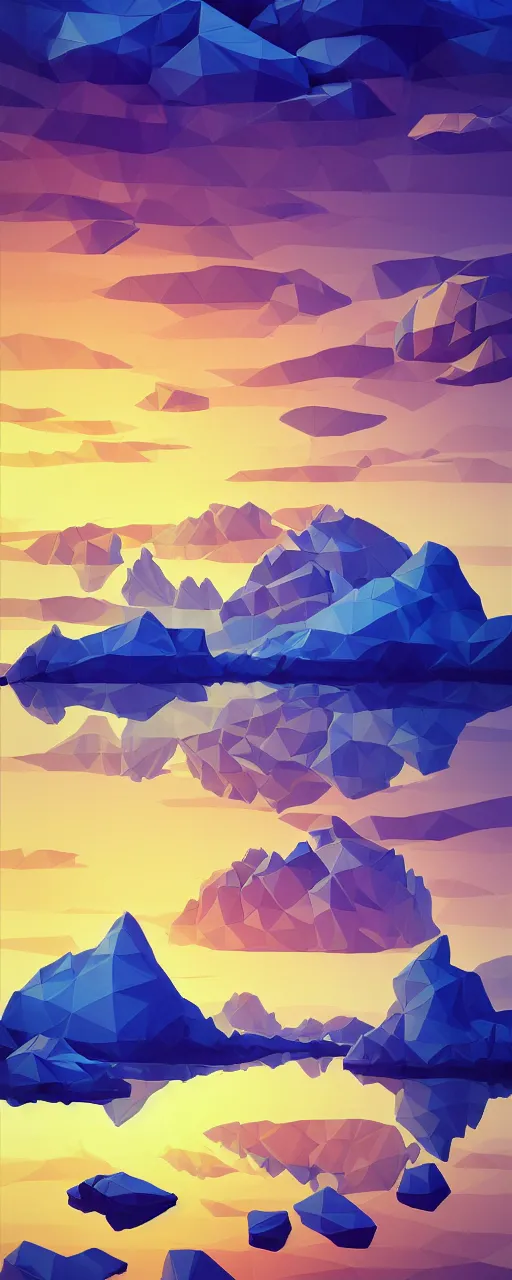 Image similar to super detailed color lowpoly art, northern sunset with rocks on front, monochrome photorealistic bay in the middle of perspective and mountains at background, big graphic ship in the middle of composition, unreal engine, high contrast color palette, 3 d render, lowpoly, colorful, digital art, perspective, robb cobb, robert mccall, syd mead