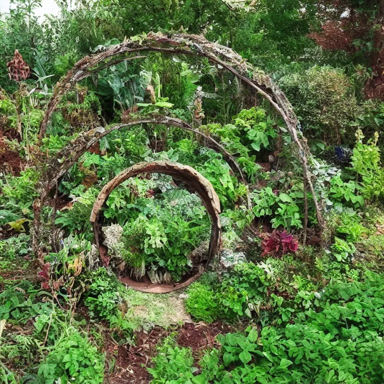 Prompt: a circle portal structure built out of plants and mushrooms