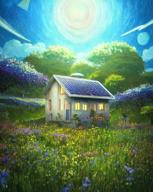 Prompt: detailed photo of small solarpunk house, fields of flowers, metal rings!!!!!, grassy, futuristic, 8 k, by studio ghibli, alena aenami, trending on deviantart, hyper detailed, beautiful lighting, epic environment