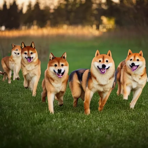 Image similar to A group of Shiba Inus in levander field, 8k UHD, Nature photography, high detail, High quality, stunning lighting, beautiful lighting,