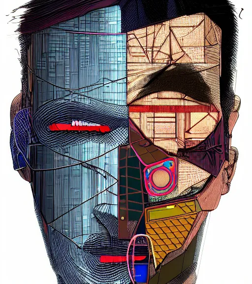 Image similar to a cyberpunk man with a glitching patchwork face of various ethnicities, Industrial Scifi, detailed illustration, character portrait, by Martin Grip and Moebius