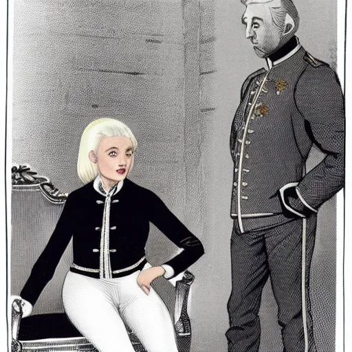 Prompt: Platinum-blonde-haired hime-cut blue-eyed French empress wearing white leggings, black jacket, boots, sitting in office, communist officer standing next to her, talking