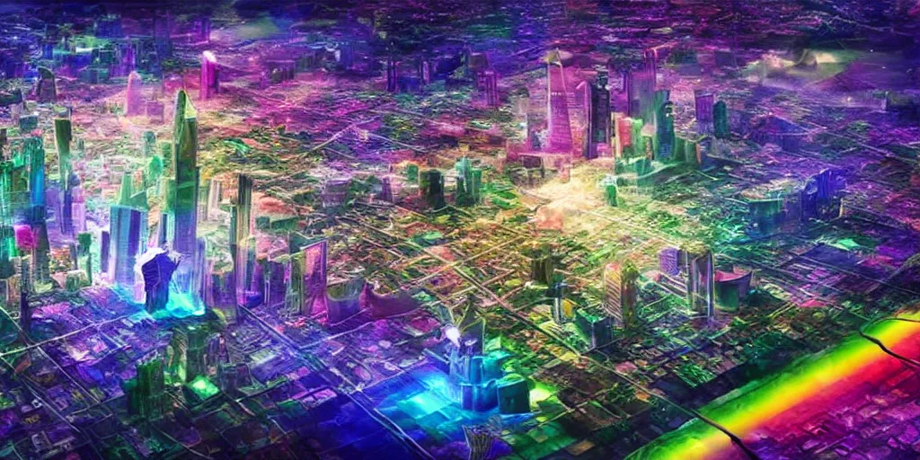 Prompt: City on Prism World, city inside of a crystal made of transparent prisms, fantasy world inside of a crystal, roads of light, rainbow colors, detailed matte painting, fantasy landscape, hyperrealistic