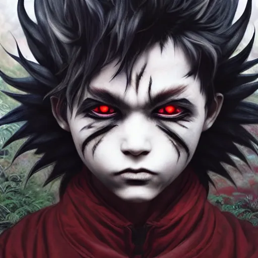 Prompt: demon boy, yokai boy with wild spiky hair, vantablack cloak, red eyes, ultra realistic, concept art, intricate details, eerie, highly detailed, photorealistic, octane render, 8 k, unreal engine. art by artgerm and greg rutkowski and charlie bowater and magali villeneuve and alphonse mucha