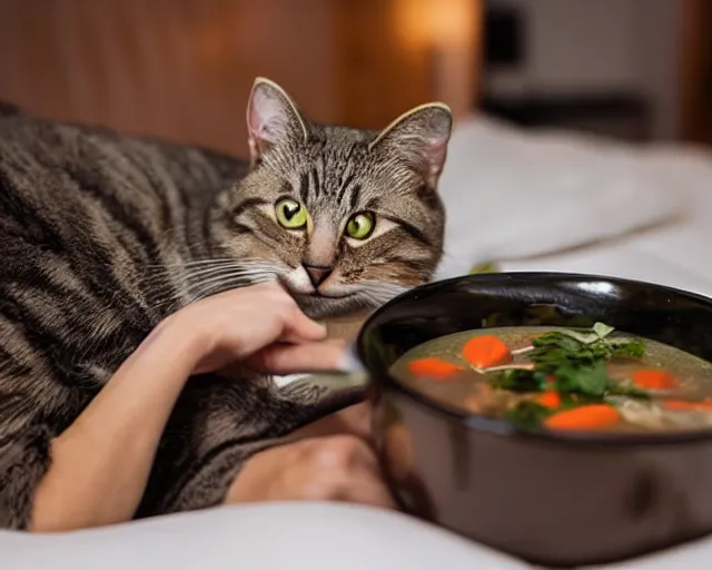 Prompt: cat laying in bed drinking chicken soup while watching the late show.